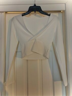 Sexy White Ribbed Wrap-Front V-Neck Cropped Top